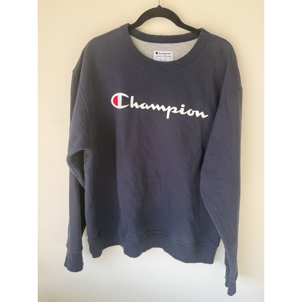 Champion Sweatshirt Mens XL Navy Blue Big Script Logo Crewneck Pullover